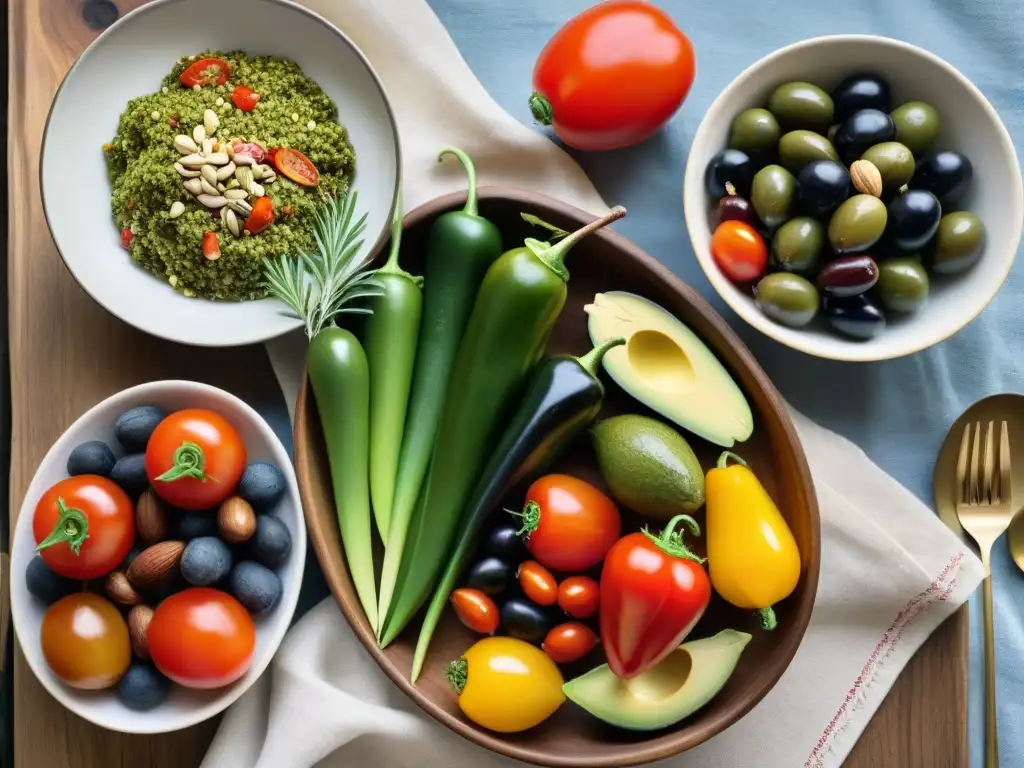 Una abundante y fresca dieta mediterránea con grasas saludables en la dieta, sobre una mesa de madera rústica