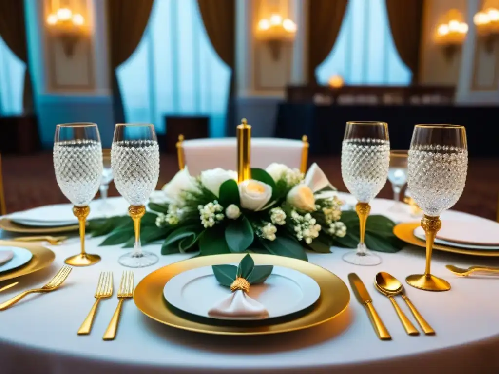 Accesorios de mesa de lujo para eventos temáticos en una elegante ambientación de salón de baile