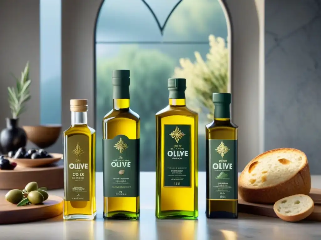 Invertir en aceites de oliva gourmet: una cocina lujosa con botellas de aceite premium y elementos culinarios frescos