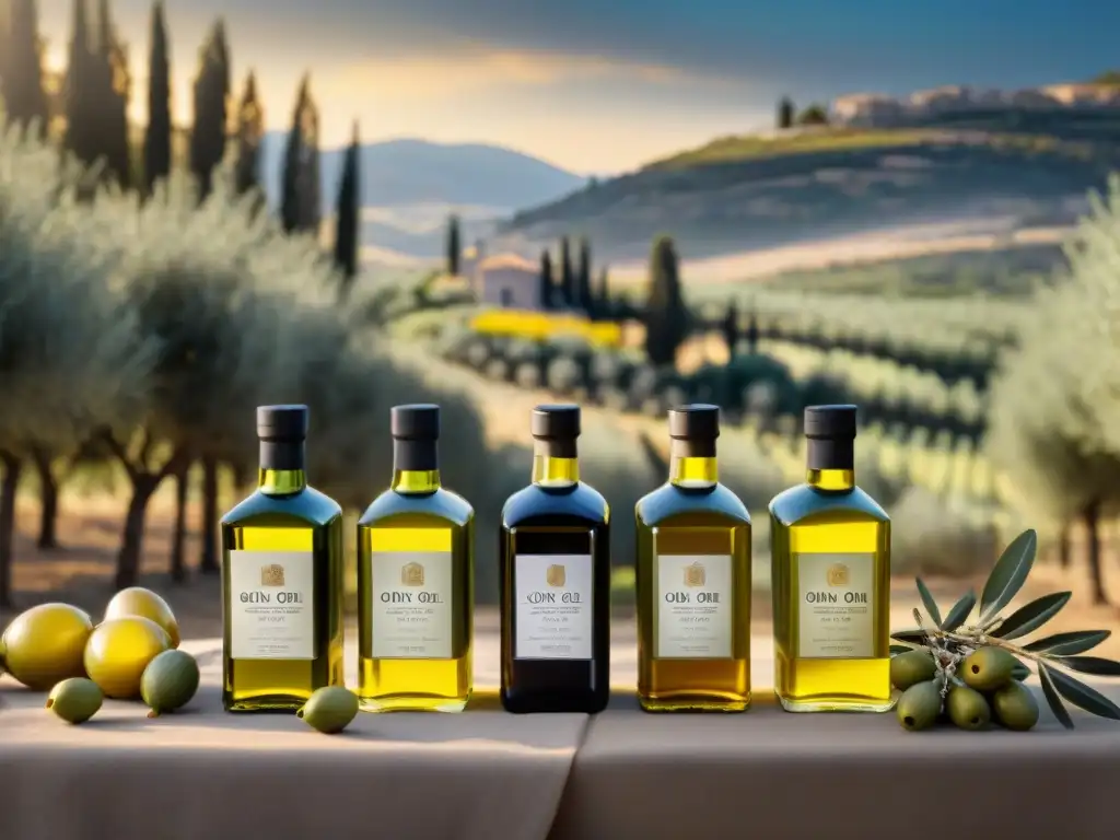 Aceites de oliva gourmet exclusivos en elegantes botellas de cristal, en un olivar mediterráneo al atardecer, una escena de lujo y sofisticación