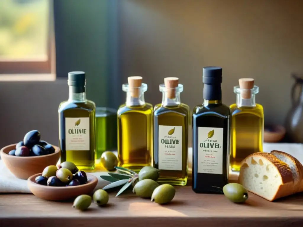 Invertir en aceites de oliva gourmet: mesa rústica con botellas elegantes, aceitunas frescas y pan artesanal, bañada por cálida luz solar