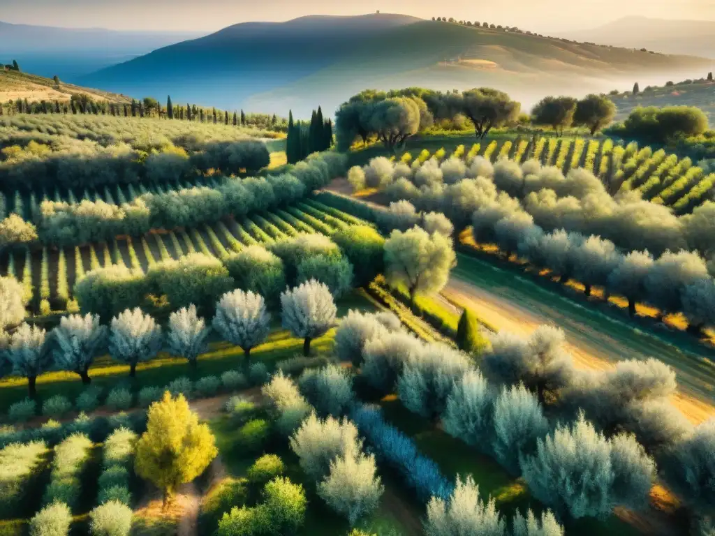 Invertir en aceites de oliva gourmet: radiante atardecer en olivar mediterráneo, árboles cargados de aceitunas, colinas y cielo azul