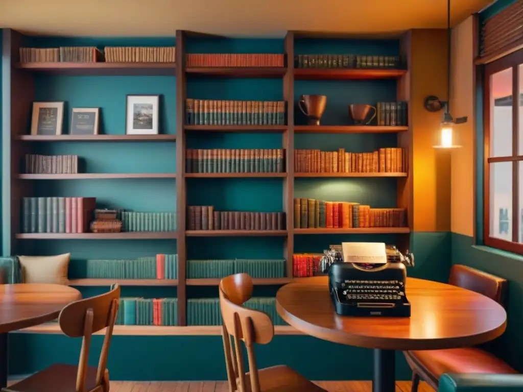 Un acogedor café latinoamericano iluminado con libros clásicos, mesas de madera y una máquina de escribir vintage