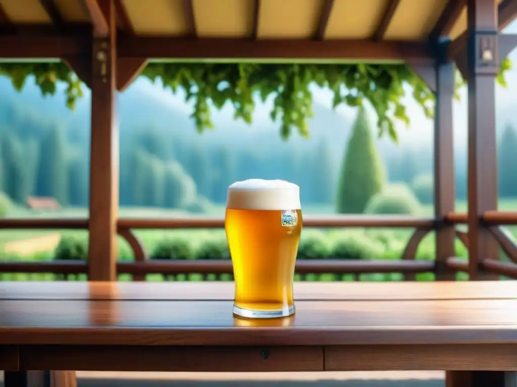 Un acogedor jardín de cerveza alemán en un día soleado, con cervezas Helles alemanas suaves gourmet sobre una mesa de madera