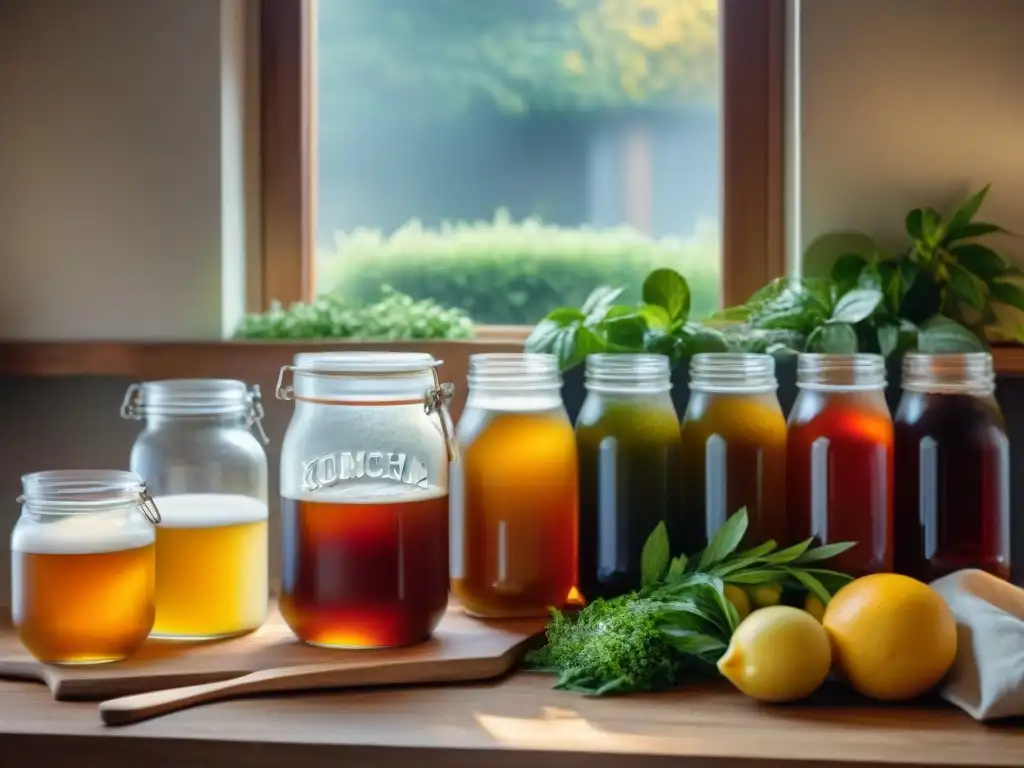 Un acogedor rincón de cocina con un set tradicional para elaborar kombucha, destacando el proceso de fermentación