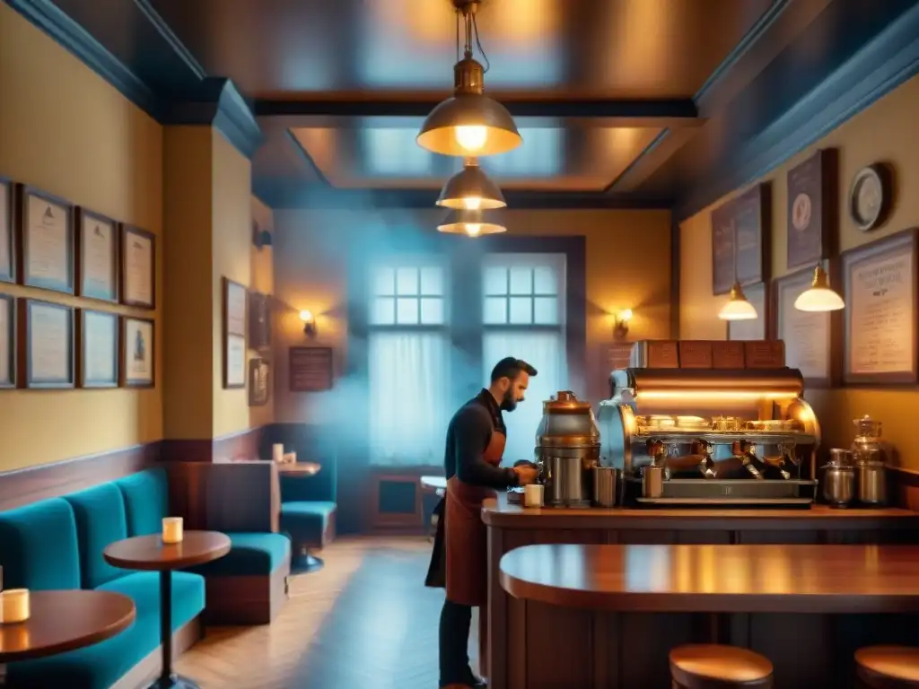 Acogedora cafetería histórica con ambiente animado y detalles detallados de mobiliario de madera y una máquina de café expreso de latón, todo iluminado cálidamente