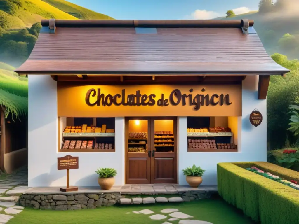 Una acogedora tienda de chocolates artesanales de origen único en el campo, con exquisitos dulces en la vitrina y un letrero de madera