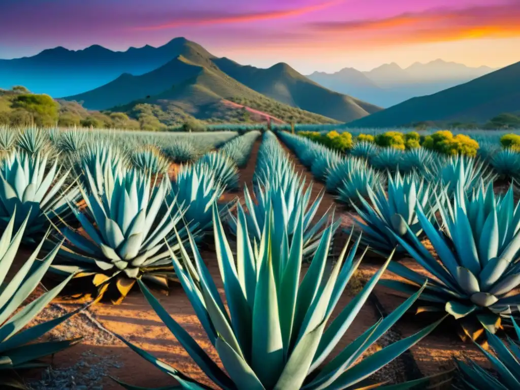 Plantación de agave en México al atardecer, con filas de plantas azules bajo un cielo cálido