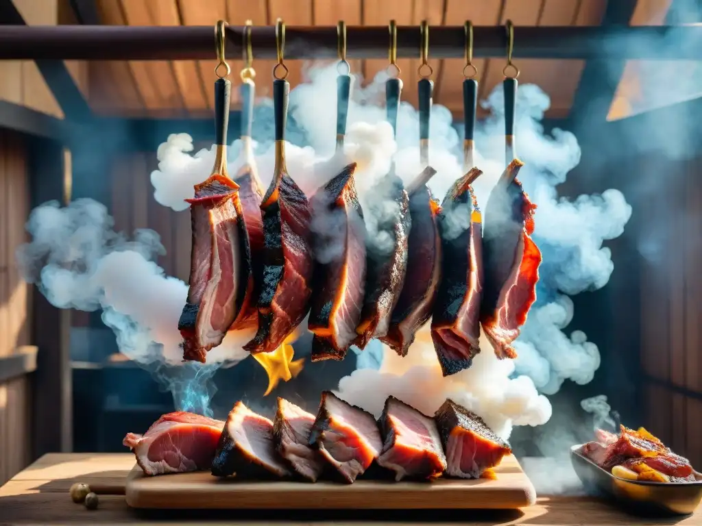 Un ahumadero tradicional en un entorno campestre, con carnes curadas colgando y el humo perfumando el aire