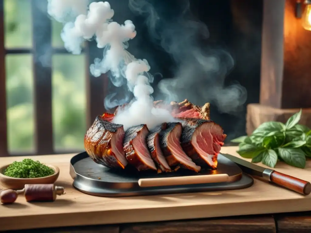 Ahumado casero de carnes en cámara rústica entre la naturaleza, con humo fragante y luz solar filtrada