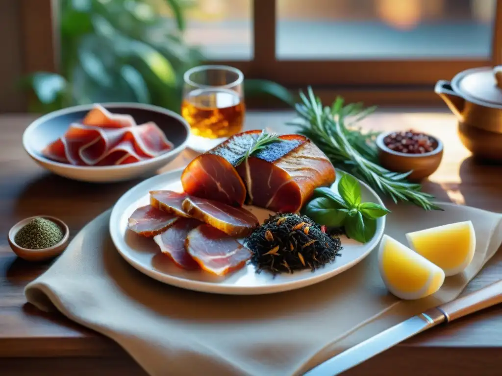 Guía tés ahumados carnes curadas: mesa rústica con té negro, embutidos, hierbas y especias, iluminada por el sol