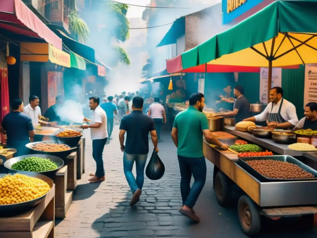 Una ajetreada calle de comida callejera en una vibrante ciudad de América Latina, rebosante de innovación culinaria