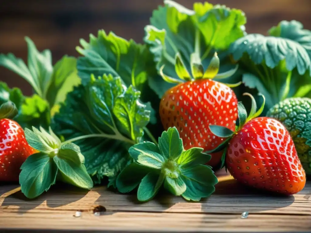 Una fotografía de alimentos iluminados naturalmente, con frutas y verduras frescas y vibrantes en una mesa de madera rústica