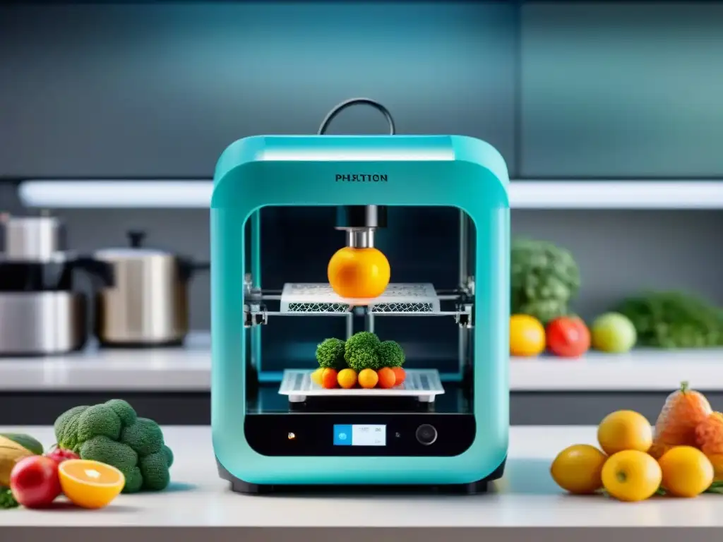 Alimentos impresos en 3D dietas: Avanzada impresora de alimentos creando platos personalizados en una cocina futurista