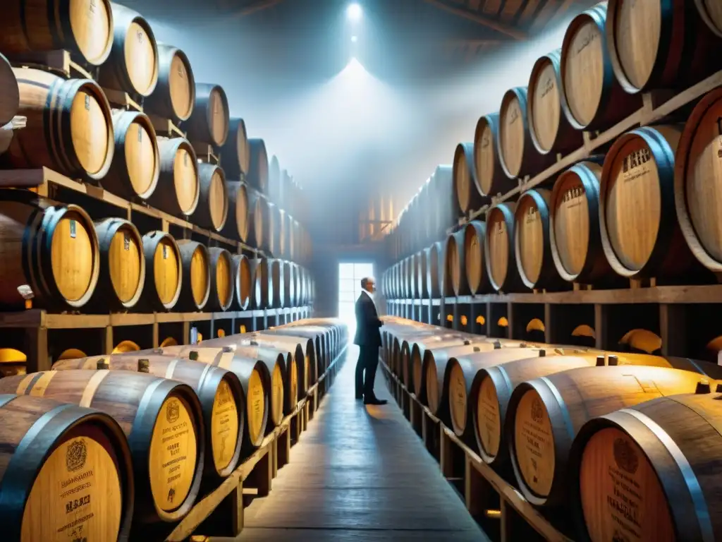 Un almacén cavernoso iluminado débilmente muestra filas de barriles de roble de whisky