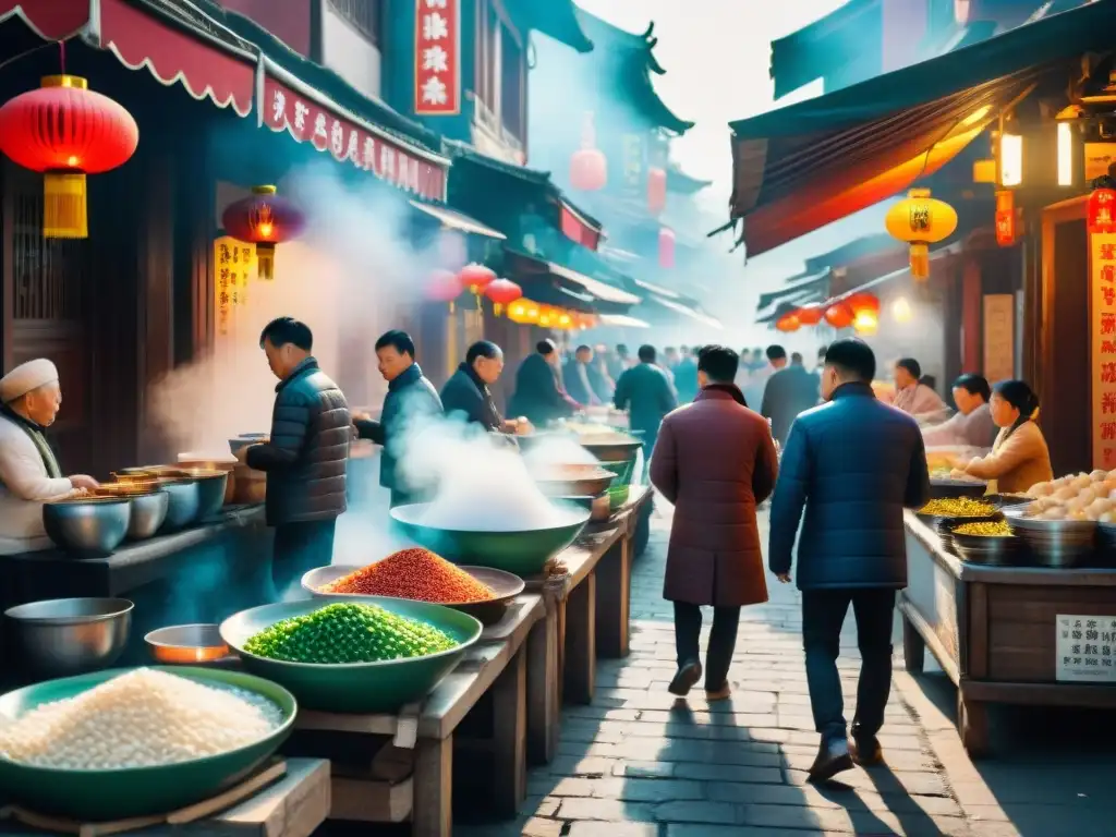 Un amanecer en una bulliciosa calle de China, con vendedores preparando congee callejero para desayunar