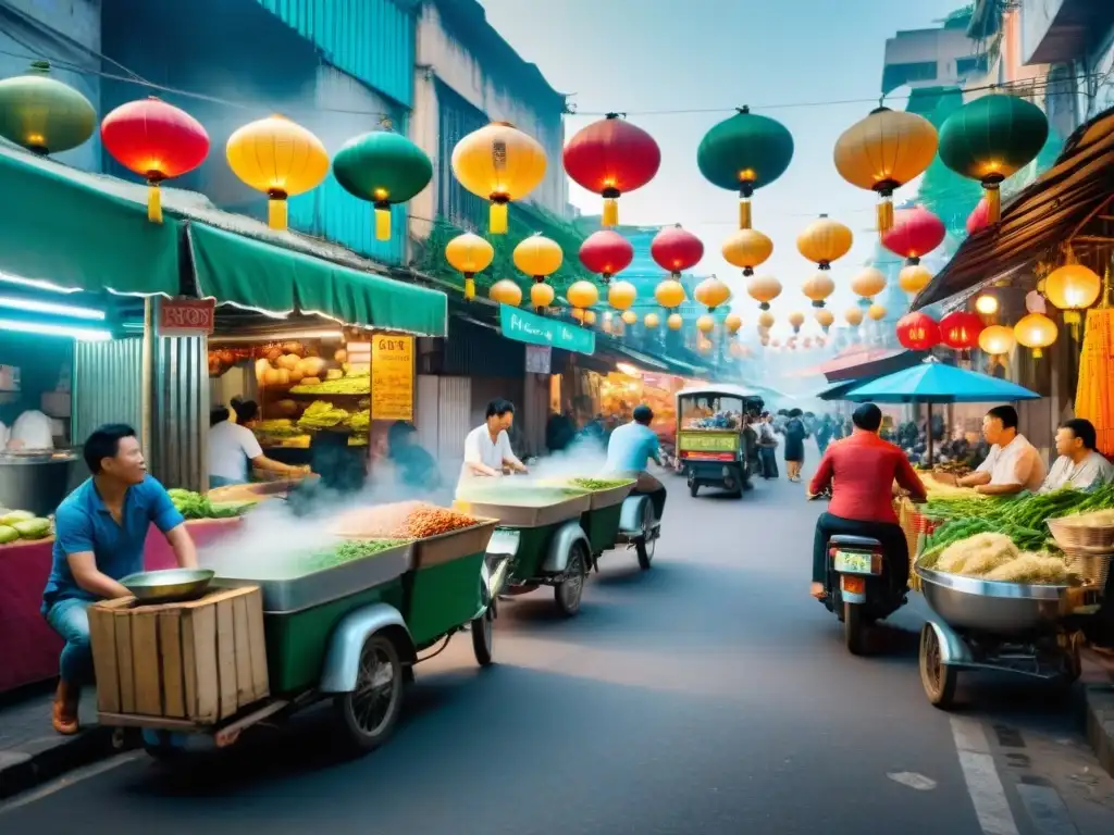 Un amanecer en una bulliciosa calle de Ho Chi Minh con puestos de auténtico Pho vietnamita