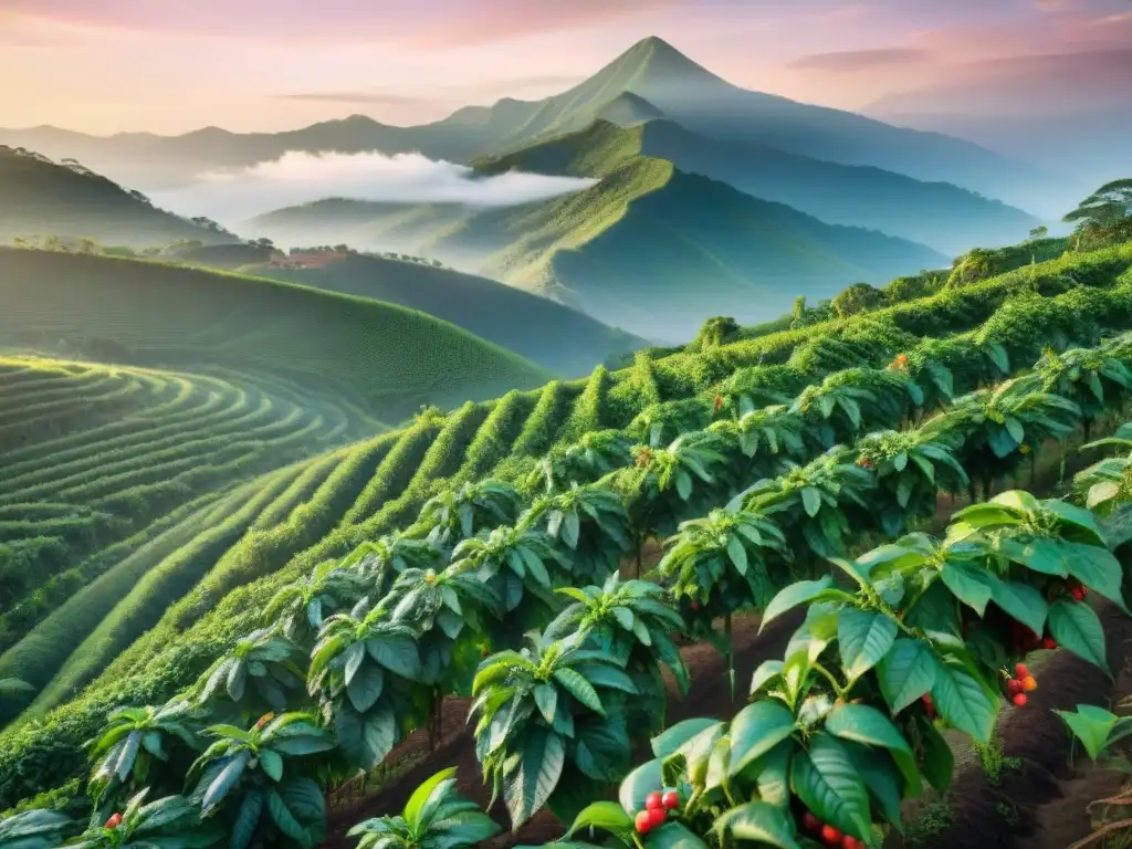 Un amanecer en una cafetería sostenible, con recolección manual de café y montañas al fondo