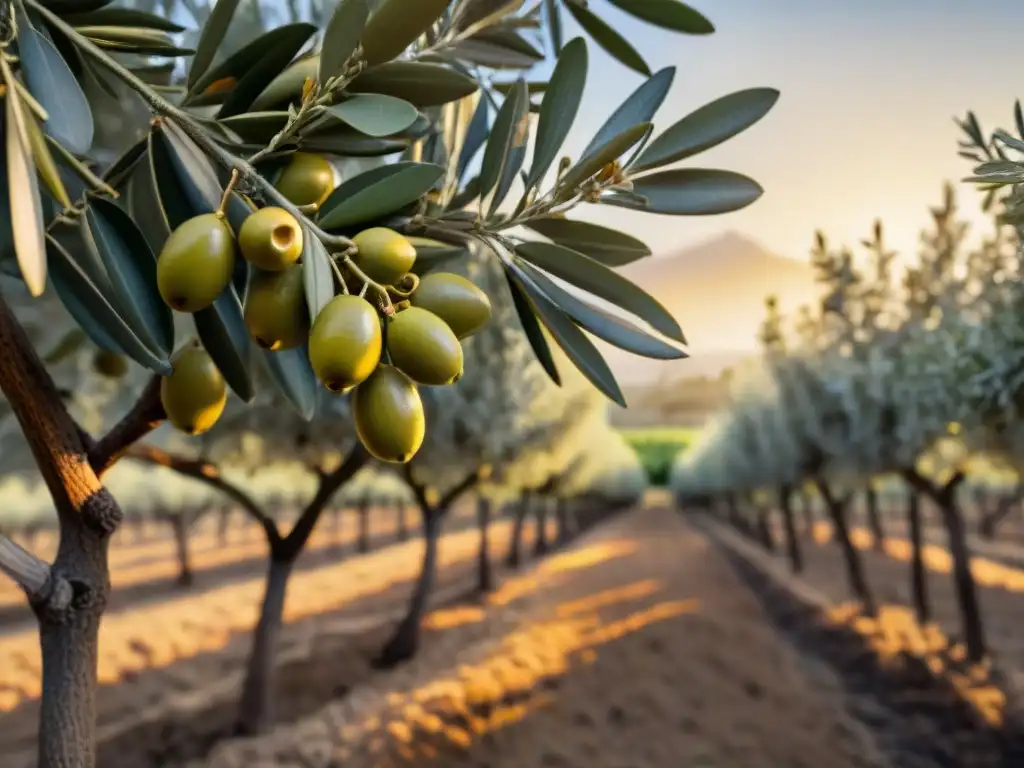 Un amanecer dorado en un exuberante olivar, resaltando los detalles de las aceitunas maduras