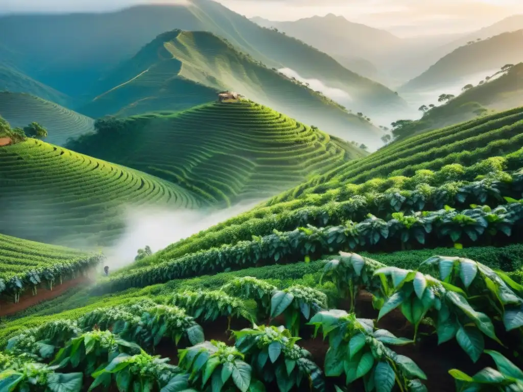 Un amanecer dorado en una plantación de café, armonía entre naturaleza y agricultura