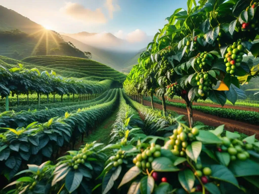 Un amanecer dorado en una plantación de café, con detalles vibrantes y trabajadores recolectando granos