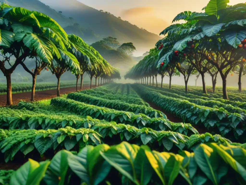 Un amanecer dorado en una plantación de café, donde las variedades antiguas resurgen en la era moderna