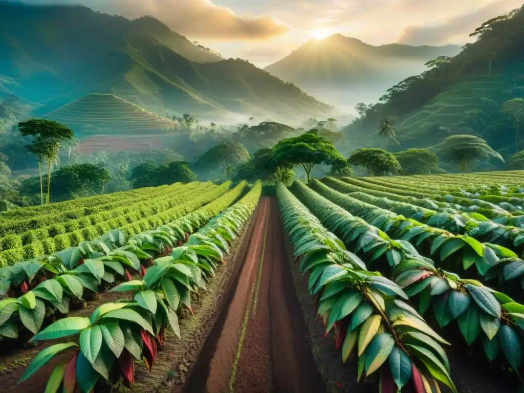 Un amanecer exótico en una plantación de cacao, mostrando trabajadores cosechando frutos maduros bajo árboles vibrantes