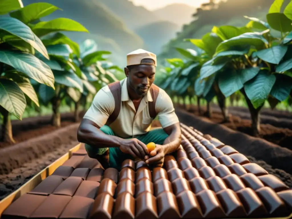 Un amanecer en una exuberante plantación de cacao, con árboles cargados de vainas maduras y un agricultor recolectando