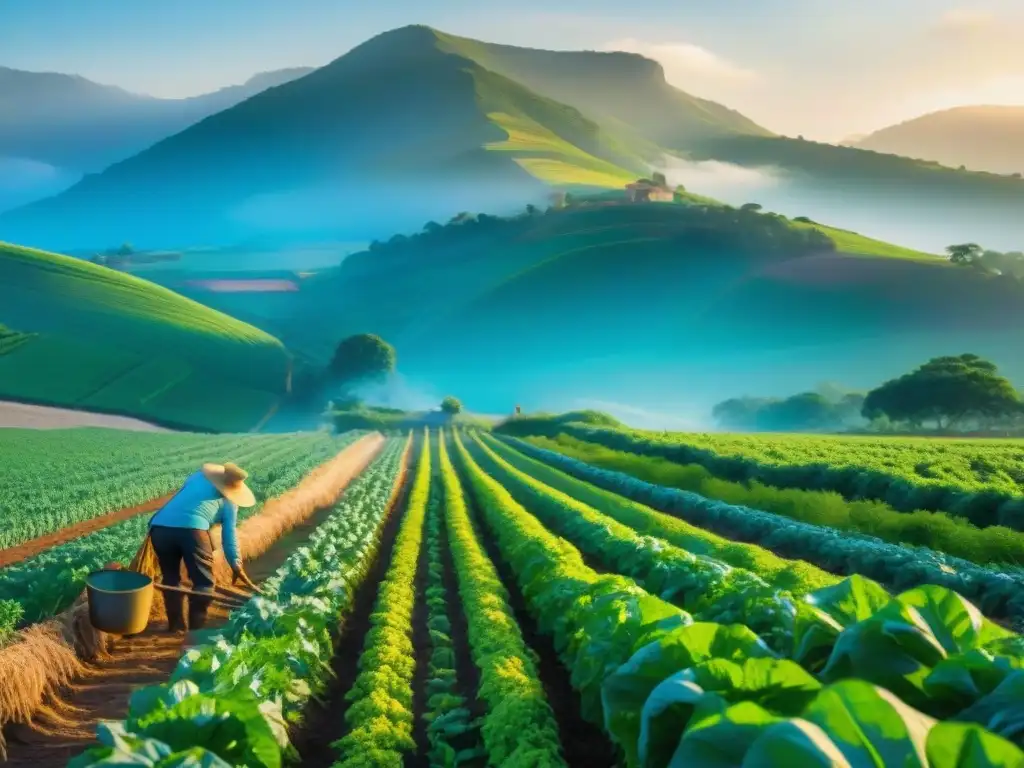 Un amanecer en una granja exuberante con cultivos vibrantes y un agricultor cosechando verduras bajo el letrero 'Alimentos kilómetro cero gourmet'