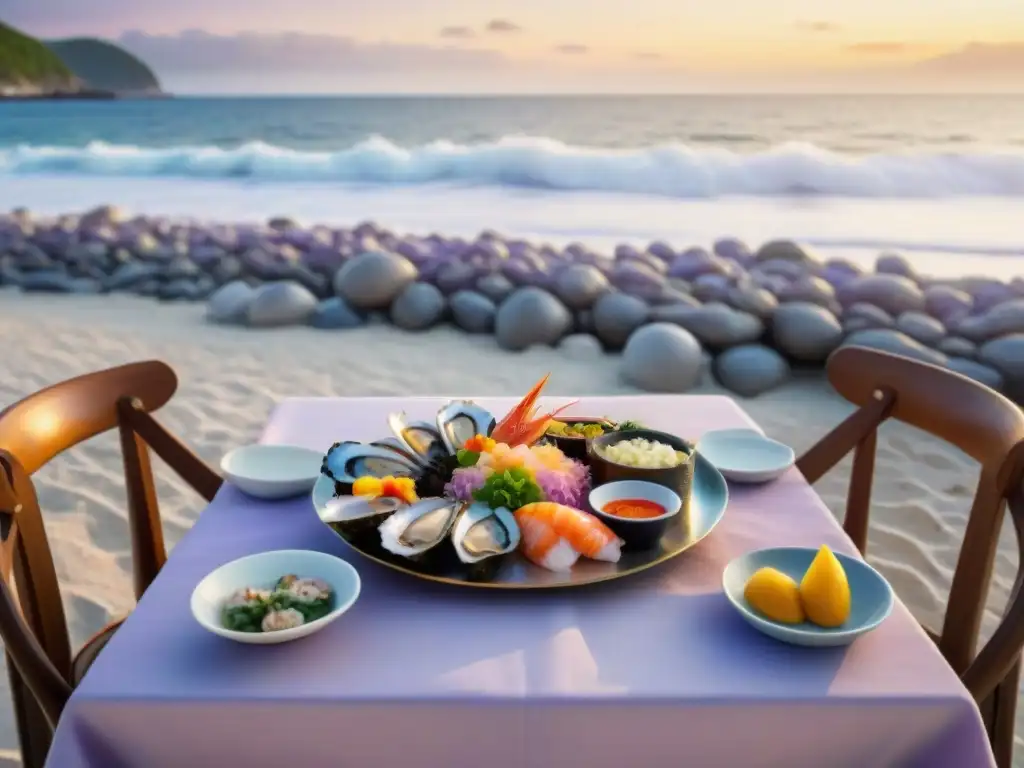 Un amanecer de lujo en la costa con mesa de mariscos, evocando retiros gastronómicos junto al mar