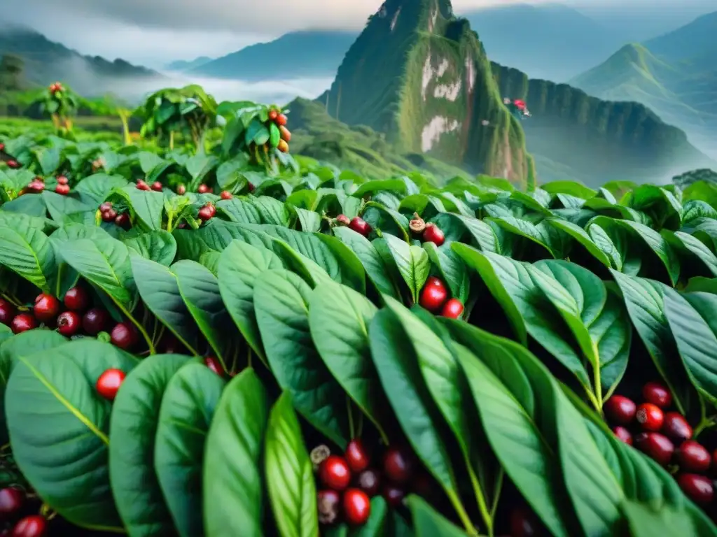 Un amanecer mágico en una exuberante finca de café en Colombia, donde trabajadores recolectan cerezas rojas brillantes