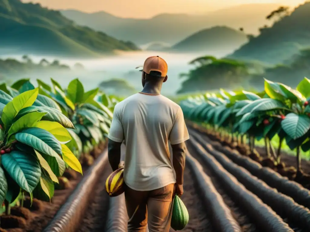 Un amanecer mágico en una plantación de cacao, donde un granjero experto selecciona los mejores frutos