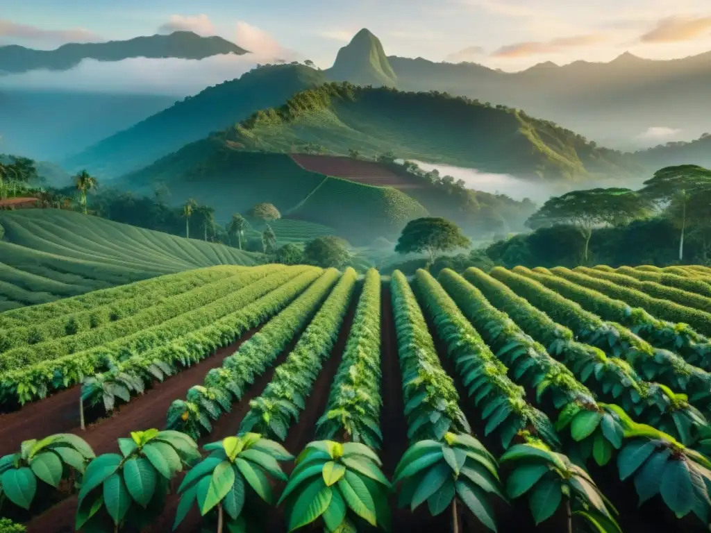 Un amanecer mágico en una plantación de cacao, con árboles repletos de frutos maduros y un agricultor cuidando las plantas