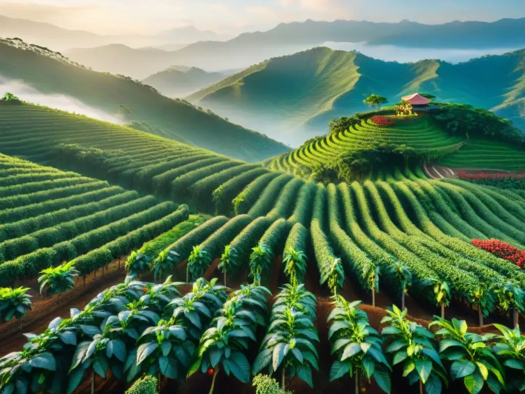 Un amanecer mágico en una plantación de café con montañas neblinosas al fondo; un trabajador inspecciona los frutos