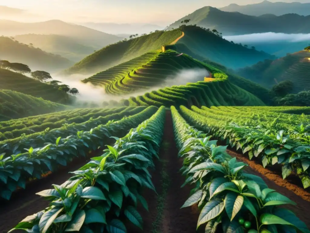 Un amanecer mágico en una plantación de café con plantas verdes y montañas neblinosas al fondo