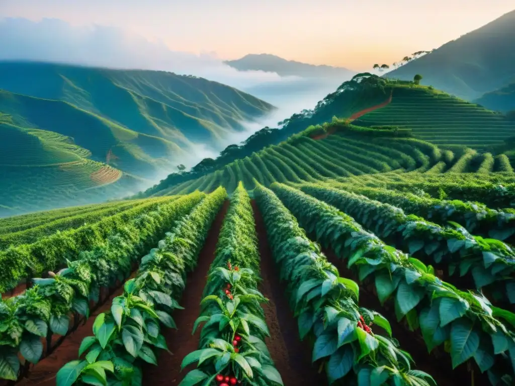 Un amanecer mágico en una plantación de café, con plantas cargadas de cerezas rojas