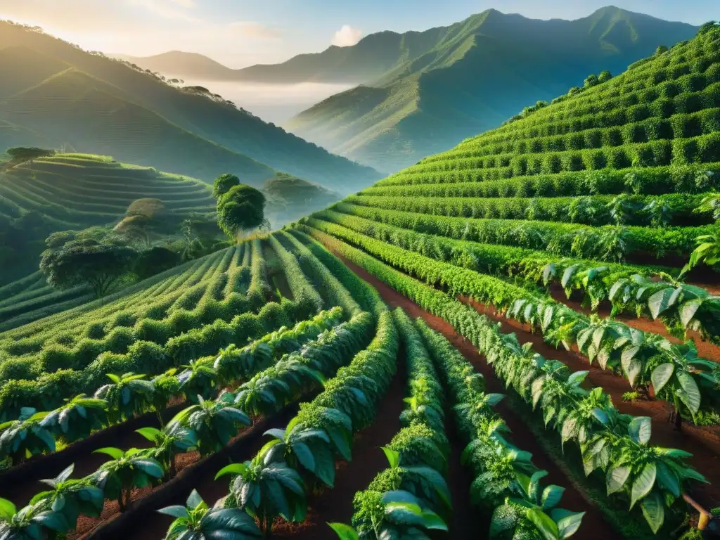 Un amanecer mágico en una plantación de café especialidad, donde los agricultores recolectan cerezas a mano bajo el cálido sol