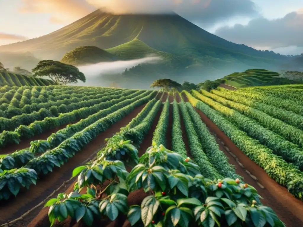 Un amanecer mágico en una plantación de café especialidad, con trabajadores recolectando cerezas y un volcán de fondo