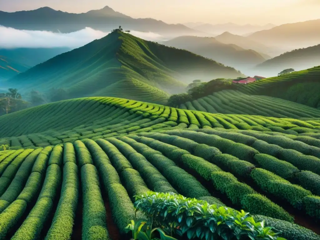 Un amanecer mágico en una plantación de té, con hileras de arbustos verdes y vapor entre las hojas