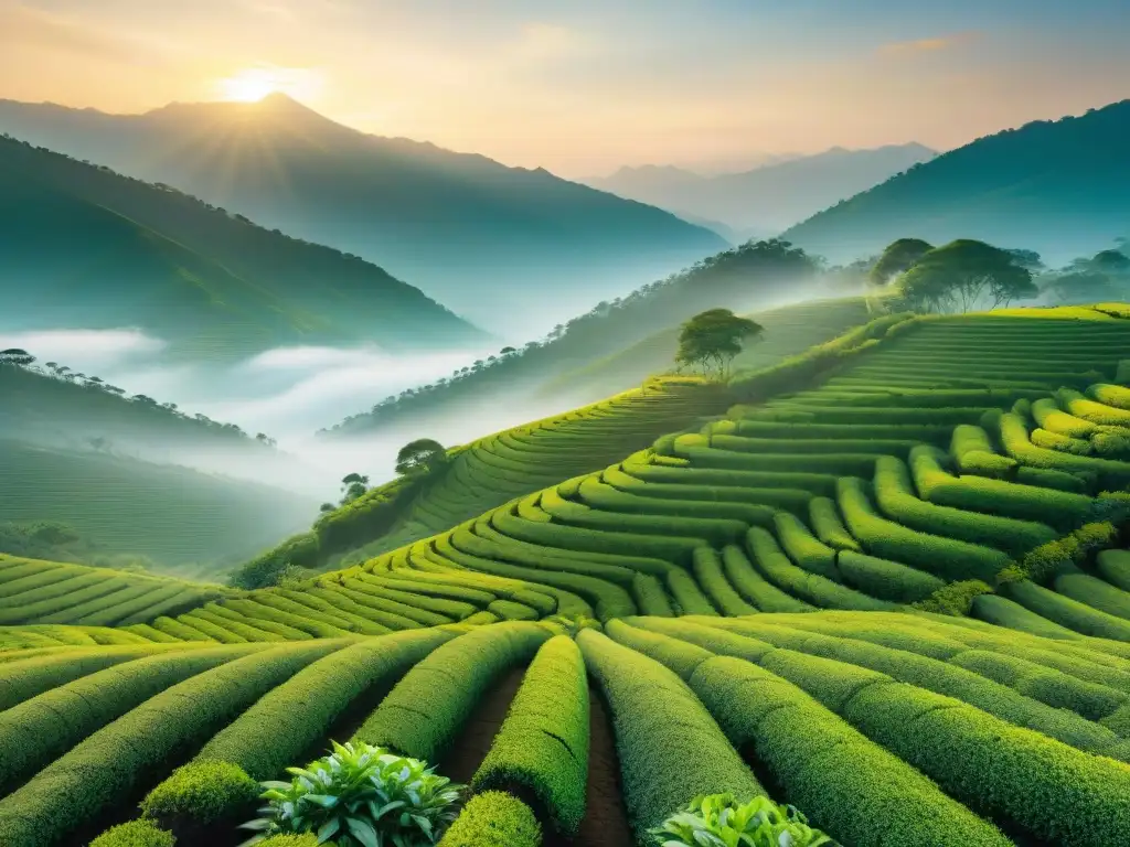 Un amanecer mágico en una plantación de té, donde la luz dorada ilumina la serenidad de los productores artesanales de té