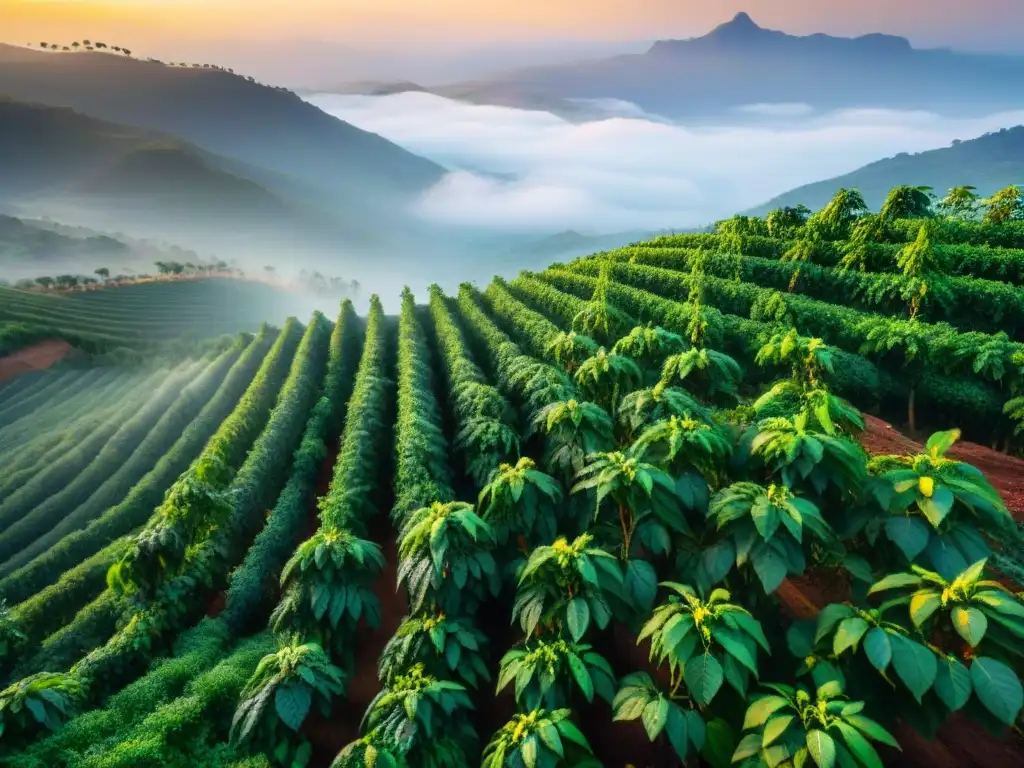 Un amanecer mágico en una plantación de café etíope, con montañas brumosas y una ceremonia tradicional