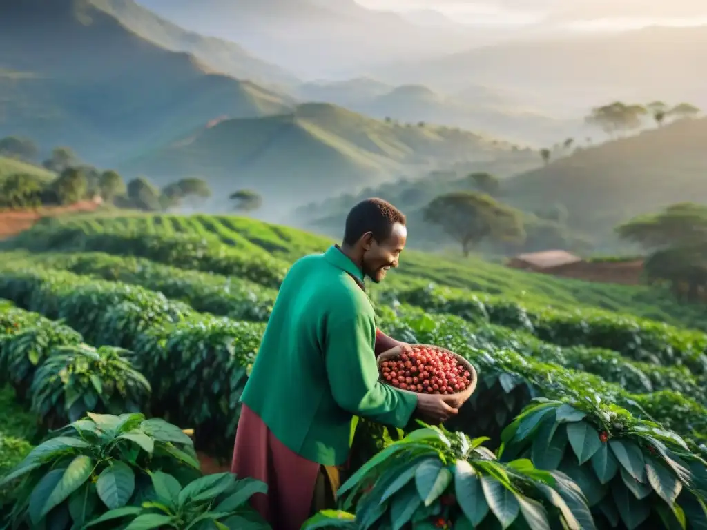 Un amanecer mágico en una plantación de café etíope, donde el sol ilumina las plantas verdes y un agricultor recolecta cerezas de café