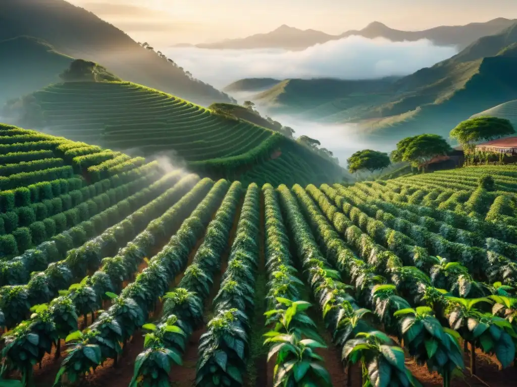 Un amanecer mágico en una plantación de café arábica, donde los trabajadores cosechan con destreza