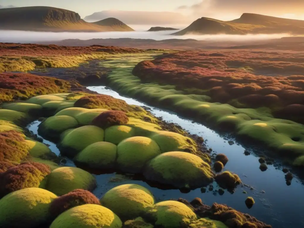 Un amanecer mágico en un vasto páramo escocés cubierto de niebla, evocando el componente sabor único del whisky de turba