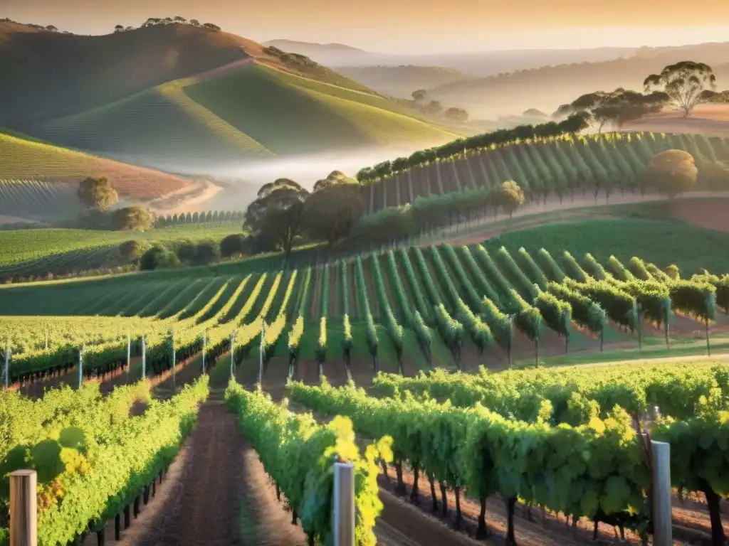 Un amanecer mágico en un viñedo australiano: filas de uvas verdes bajo luz dorada