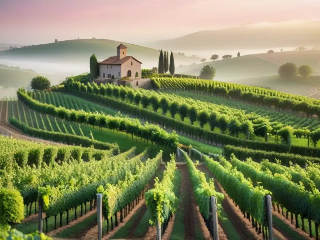 Un amanecer mágico en un viñedo europeo con vides verdes, una bodega de piedra y trabajadores cuidando las plantas