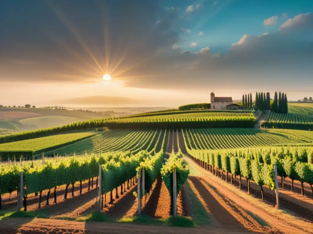 Un amanecer mágico en un viñedo europeo con vides verdes y una bodega tradicional