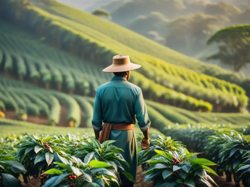 Un amanecer místico en una plantación de café, donde trabajadores recolectan cerezas, evocando las antiguas rutas del café