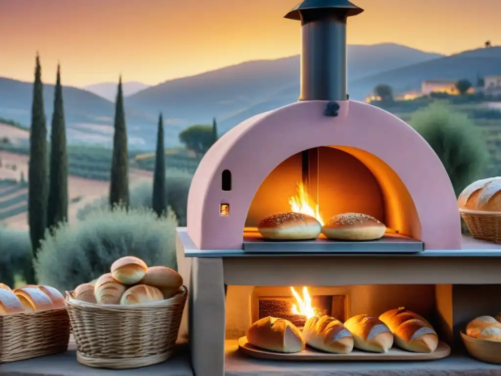 Panadería mediterránea al amanecer: horno de leña y pan artesanal Un amanecer en una panadería mediterránea con técnicas artesanales, donde el horno de leña ilumina panes perfectos