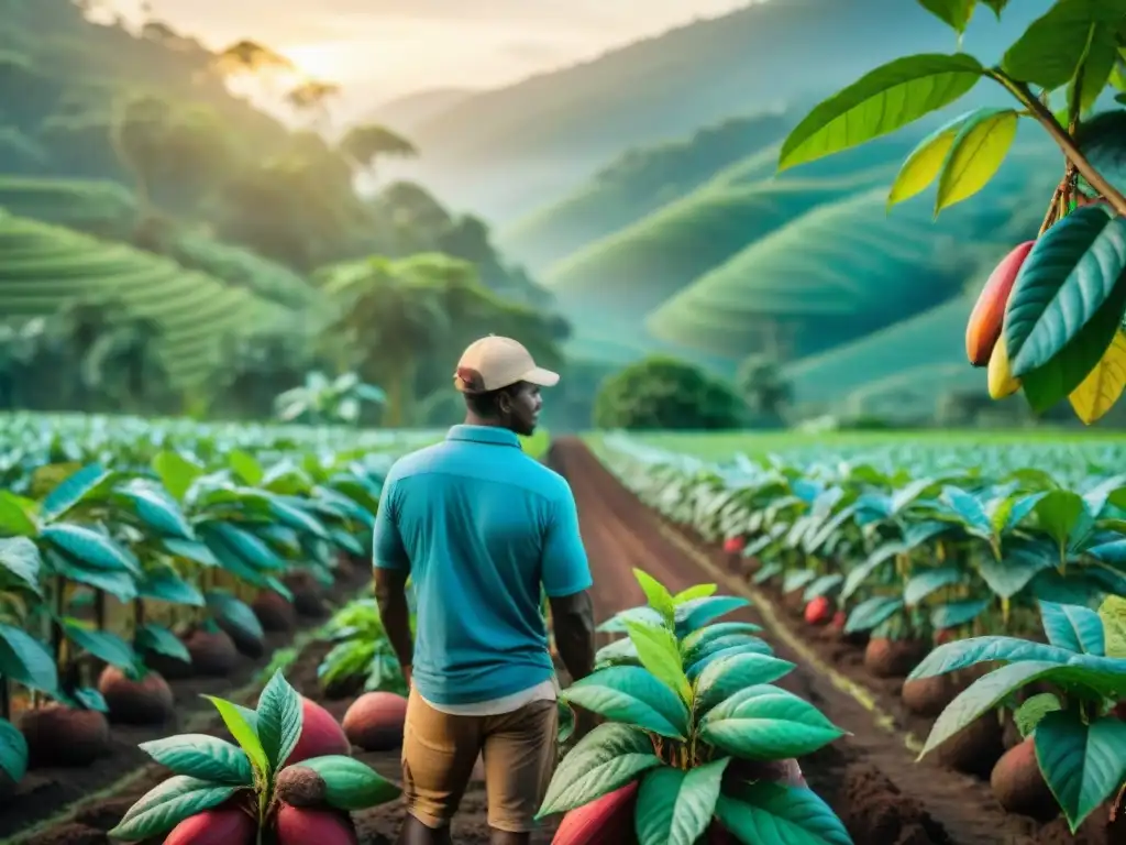 Un amanecer en una plantación de cacao, con árboles cargados de vainas coloridas y un agricultor inspeccionando una